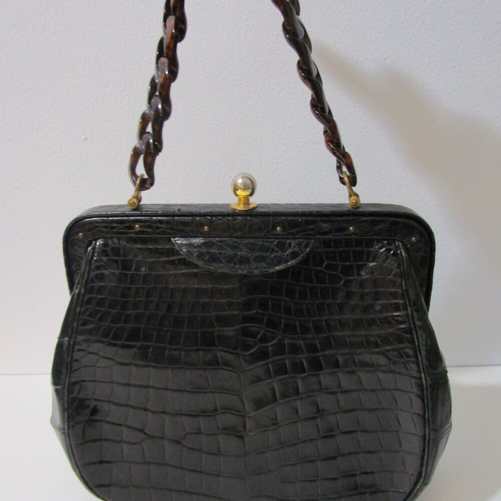 Crocodile Purse Top Handle Frame Vintage 1950s Glossy Black